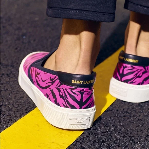 Saint Laurent Hot Pink Zebra Print Slip On Sneakers - Shoes